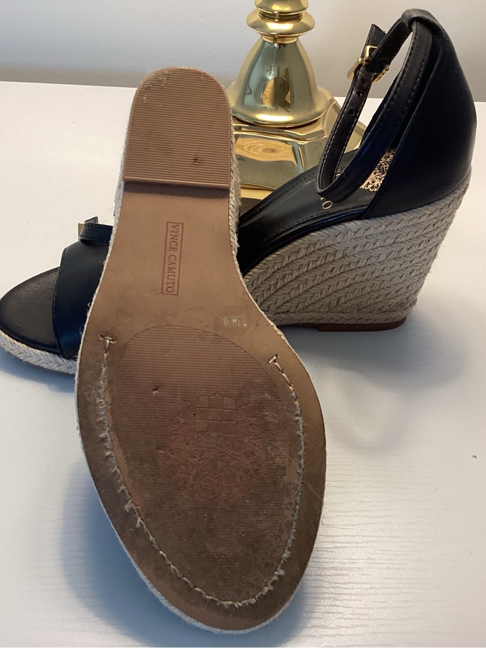 Vince Camuto Black Leather Espadrille Wedge Sandals - Picture 4 of 4